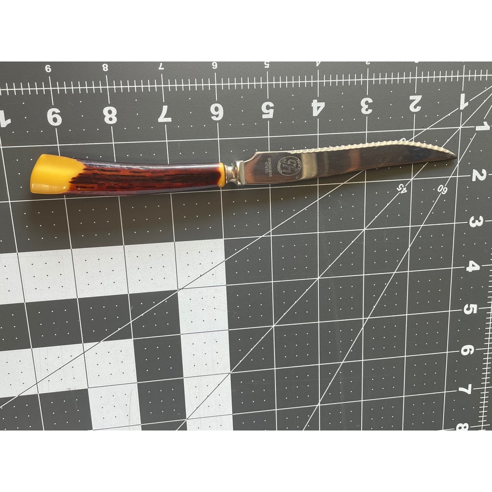 Vintage GH Canada Steak Knife Faux Stag Horn Handle Serrated Stainless Steel